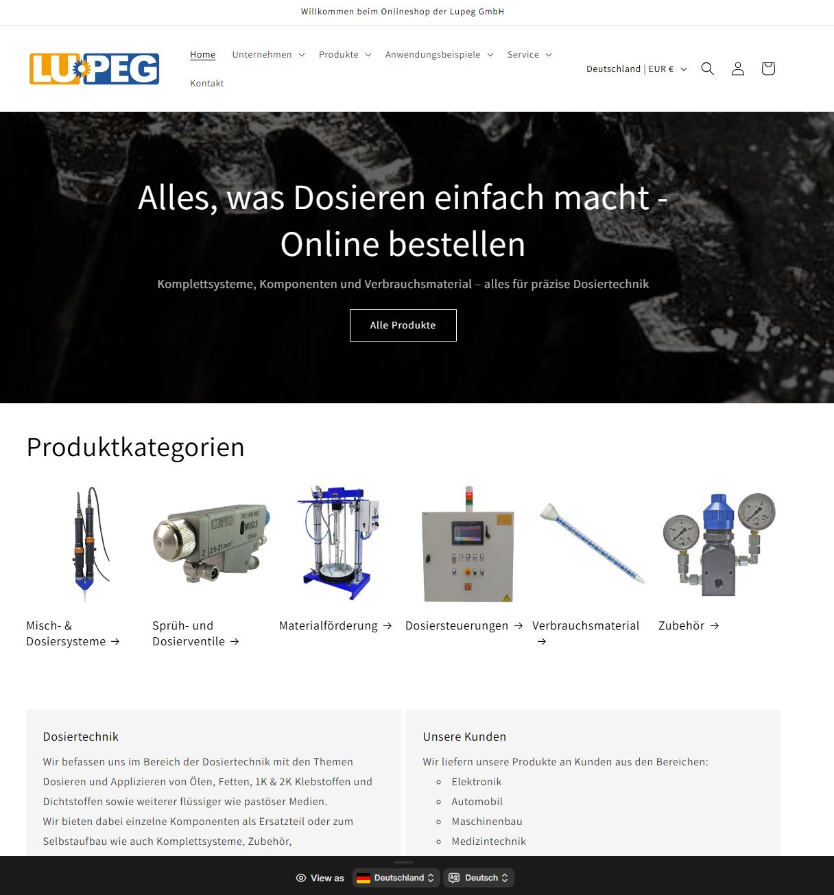 Screenshot der Startseite des Onlineshops für Dosierkomponenten
